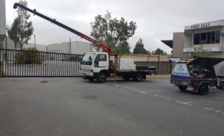 Wangara Units 300kg Gate - Collapsed Sliding gate wheel replacement use of Hiab